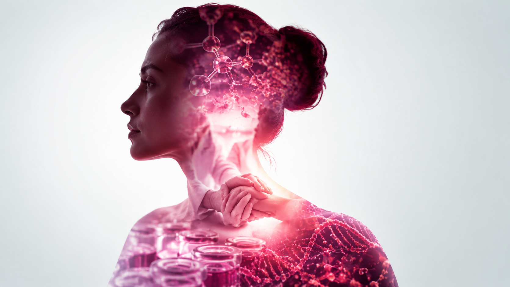 Woman's profile with science and care imagery
